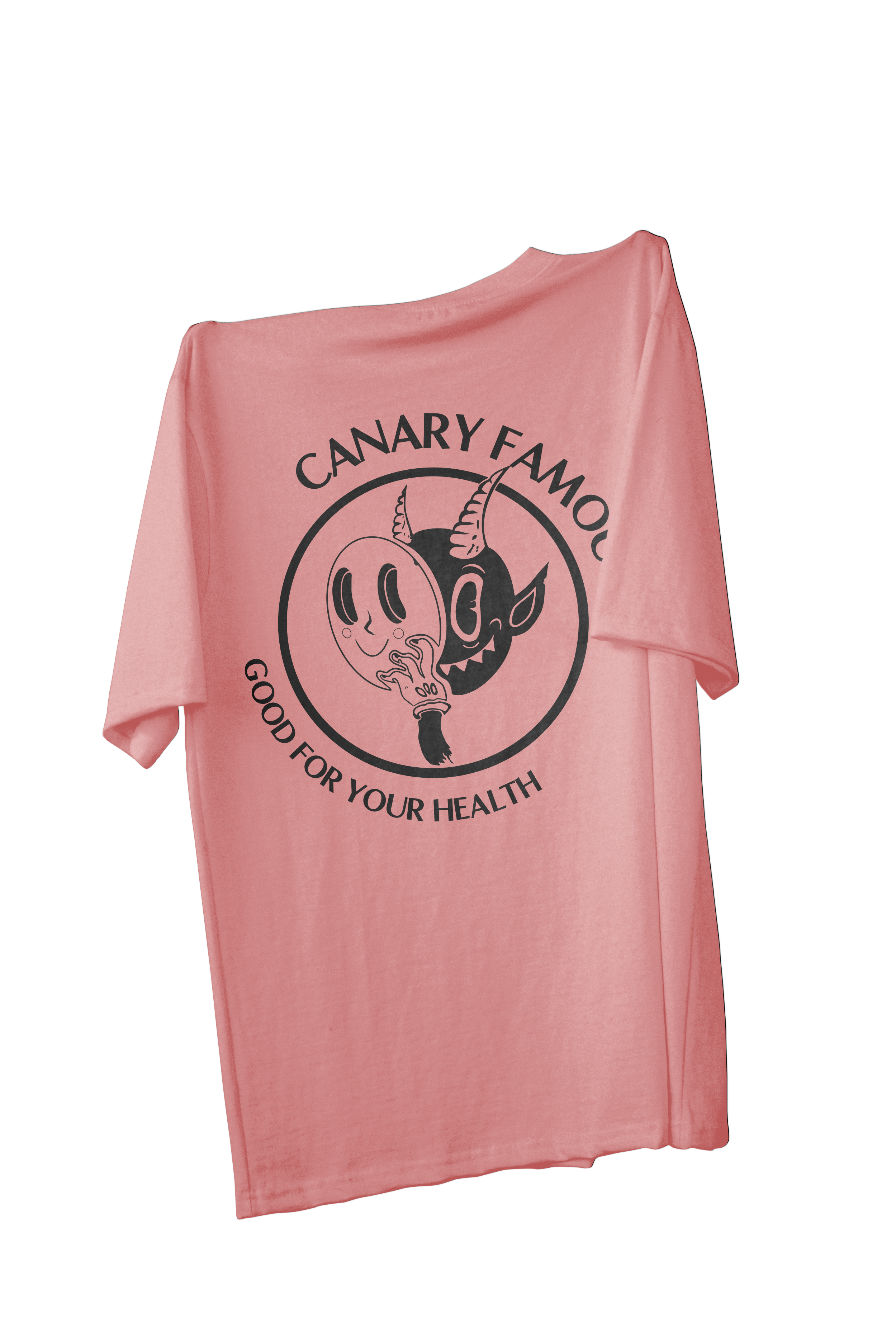 Pink t-shirt with black graphic and text on a white background
