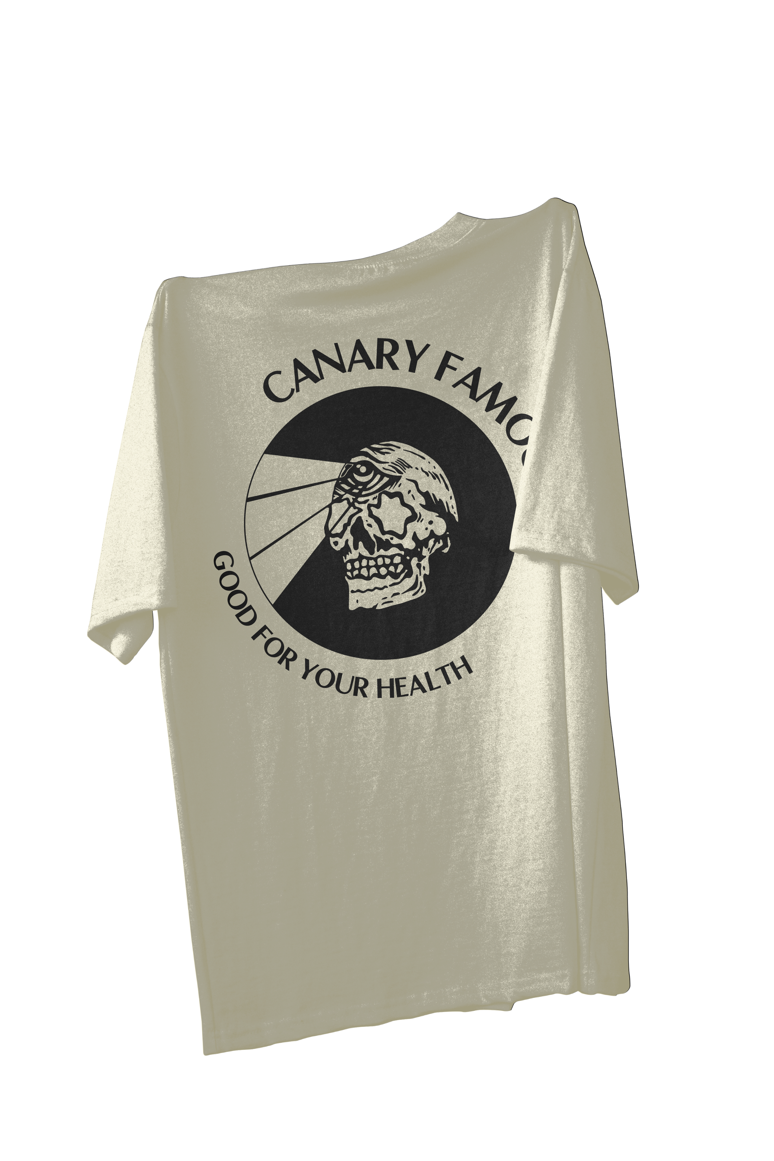 Beige t-shirt with black graphic design on a white background