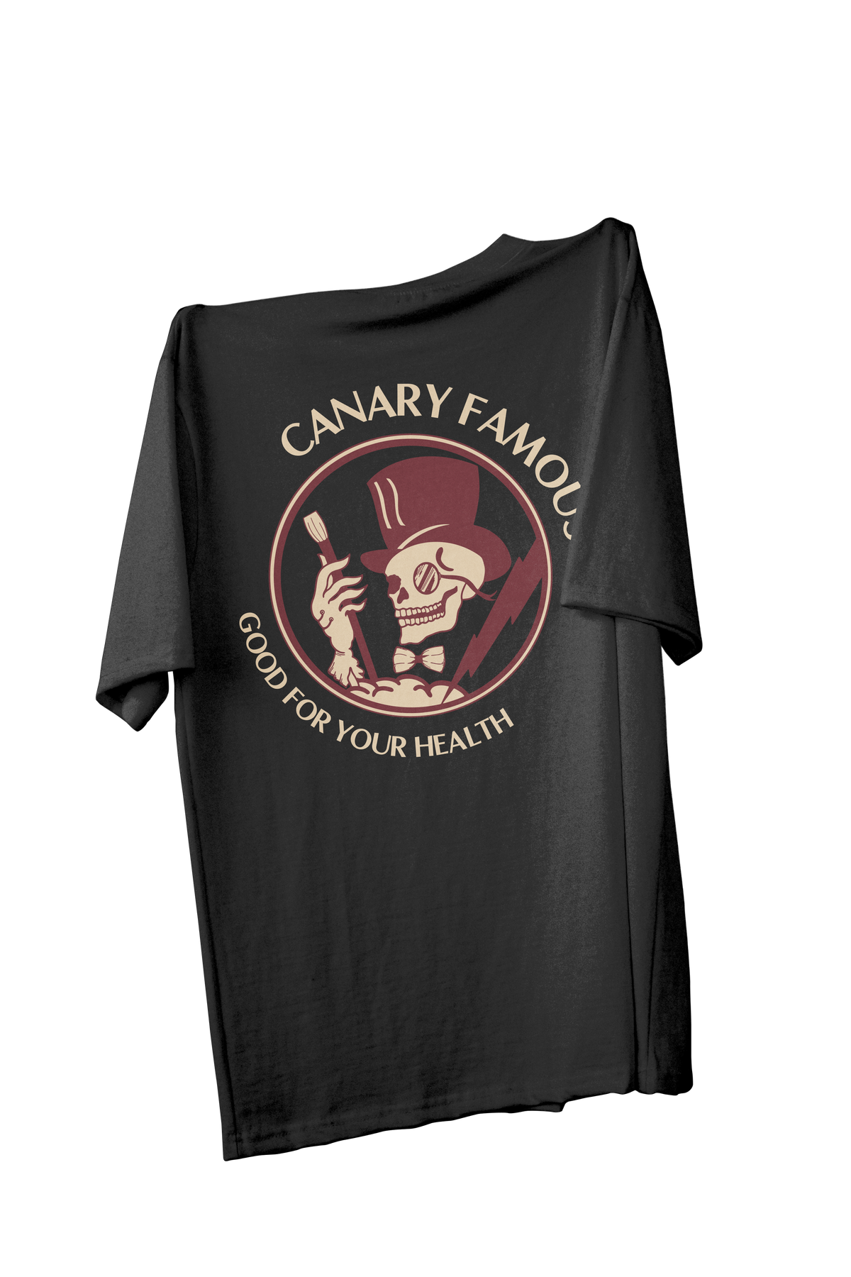 Black t-shirt with a graphic design on a white background