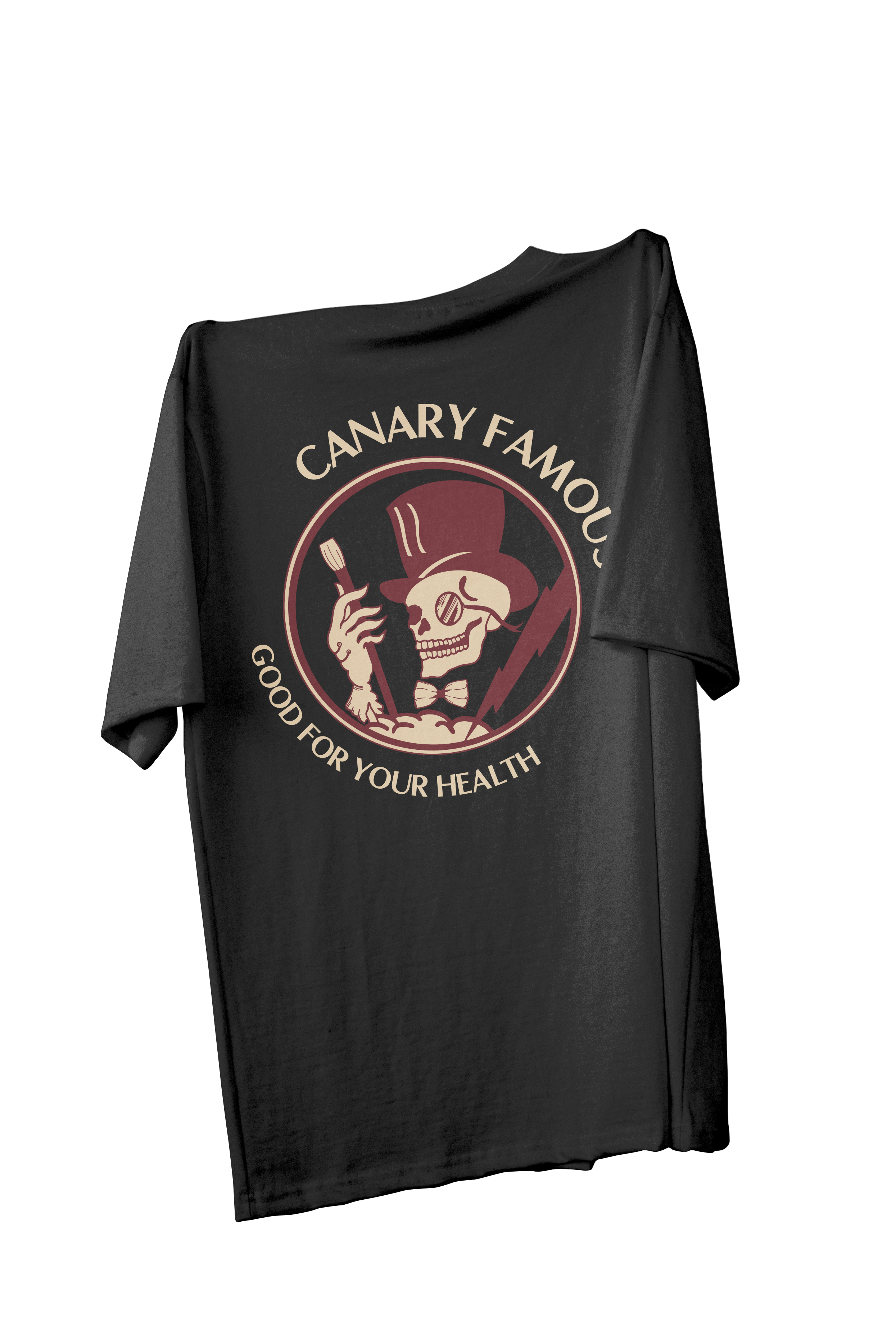 Black t-shirt with a graphic design on a white background