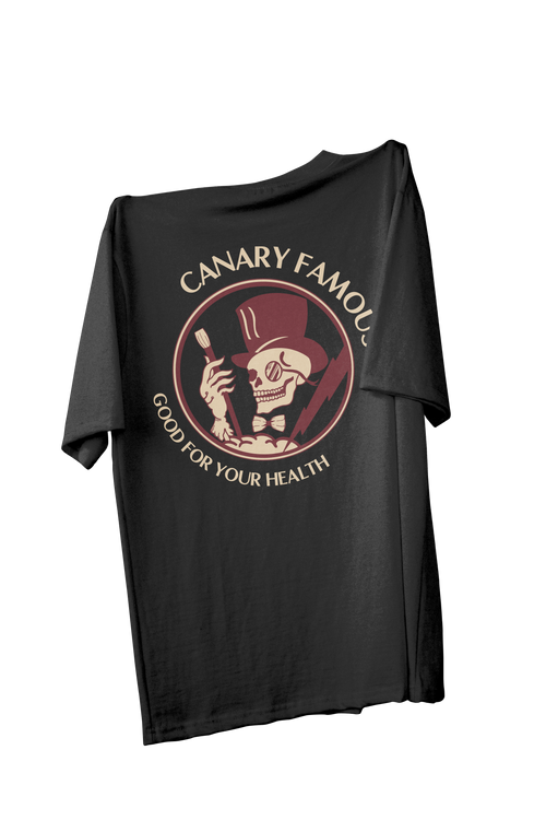 Black t-shirt with a graphic design on a white background