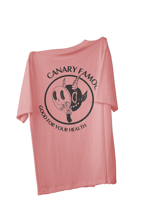 Pink t-shirt with black graphic and text on a white background