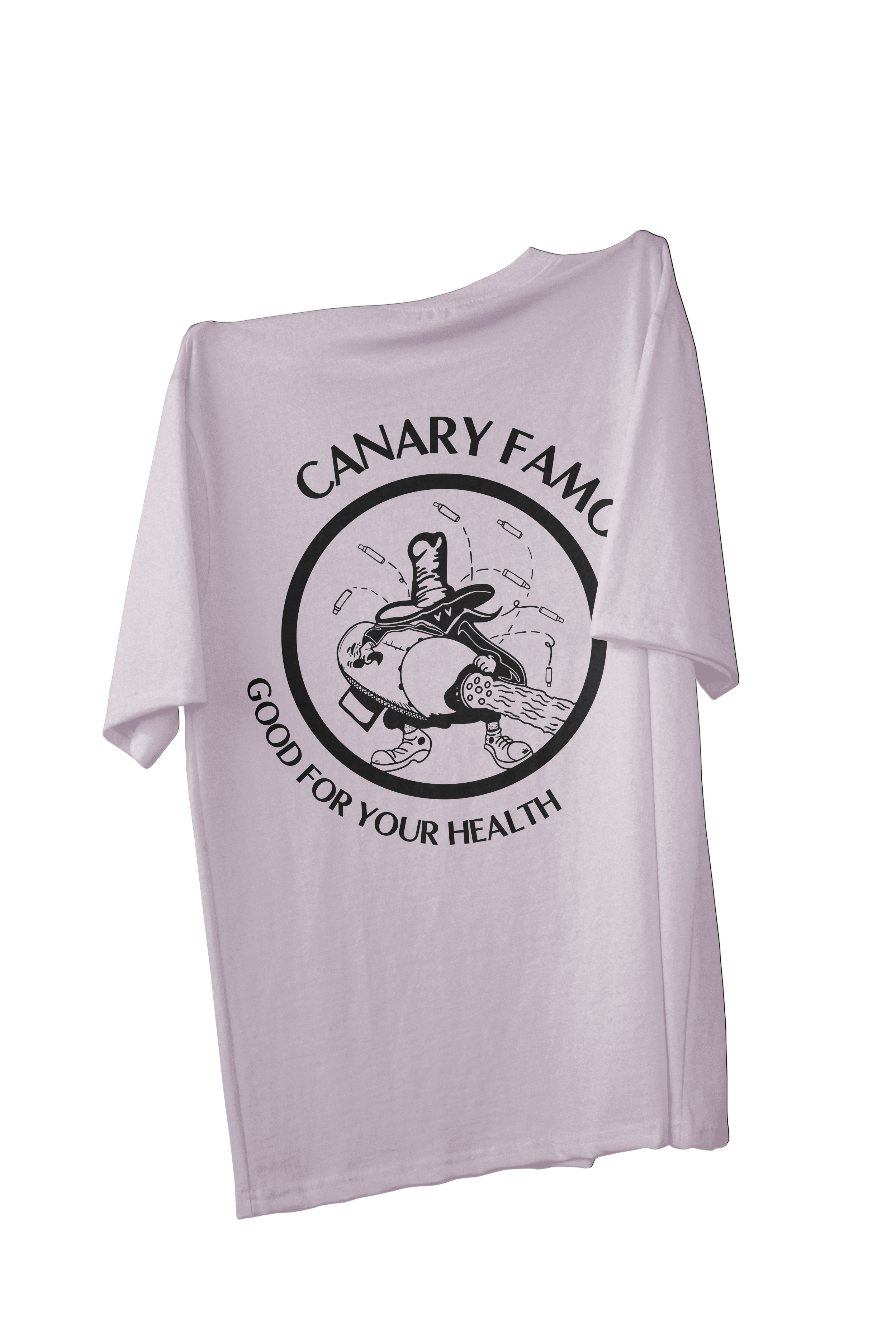 White t-shirt with black graphic and text on a white background