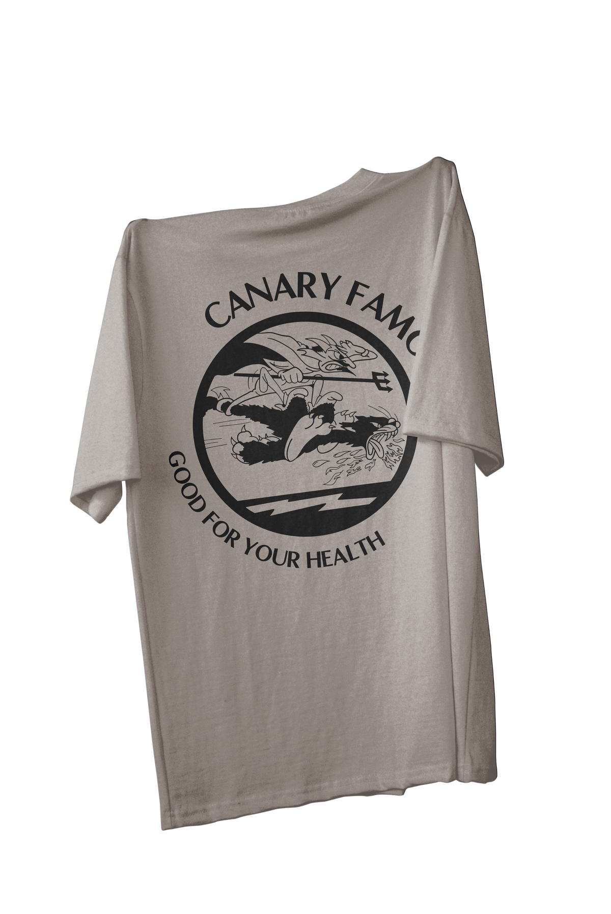 Gray t-shirt with a graphic design and text on a white background