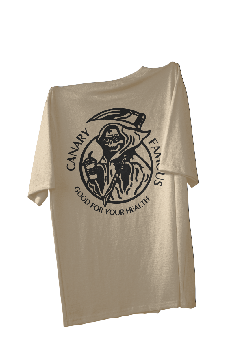 Beige t-shirt with black graphic design on a white background