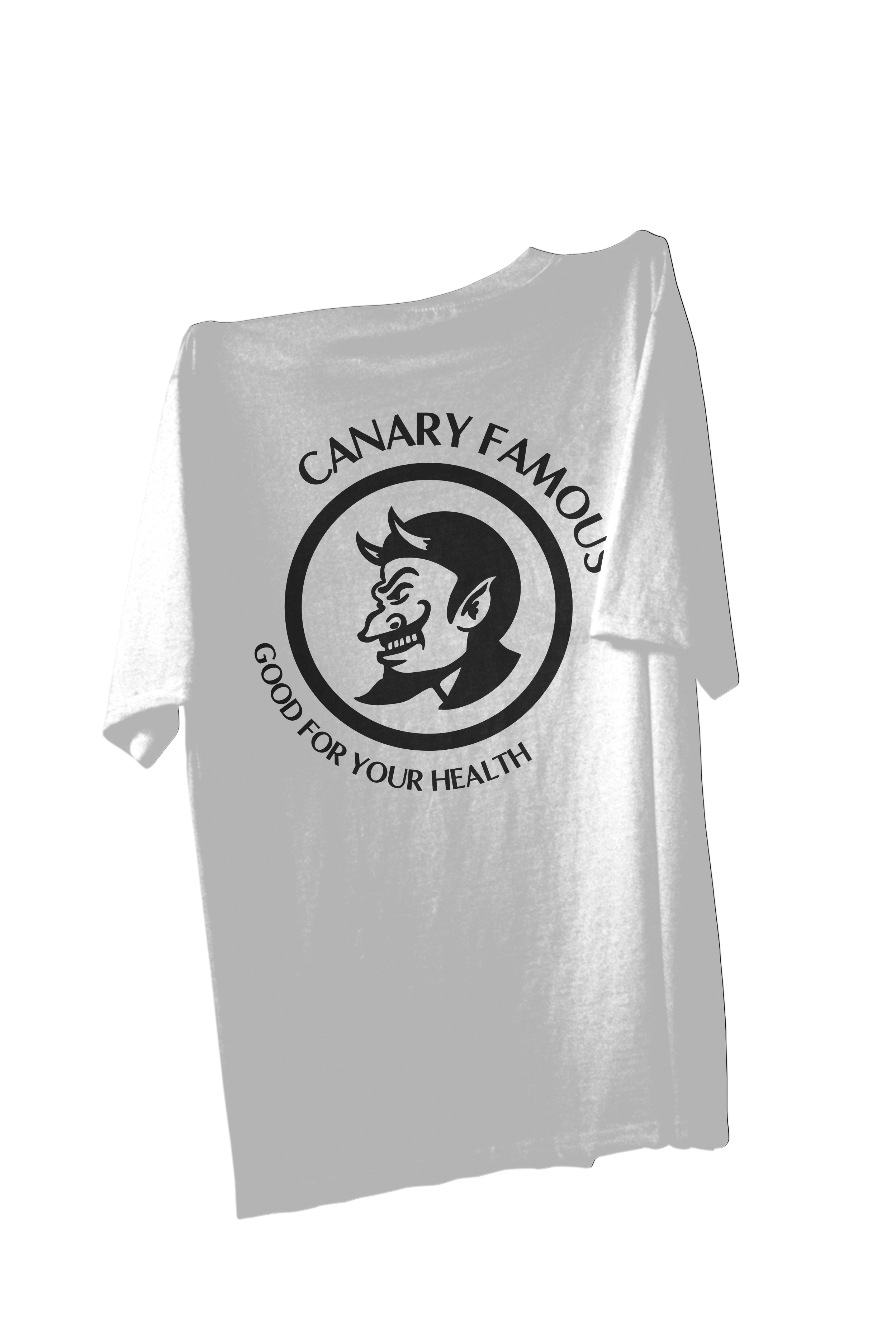 White t-shirt with black logo and text on a white background