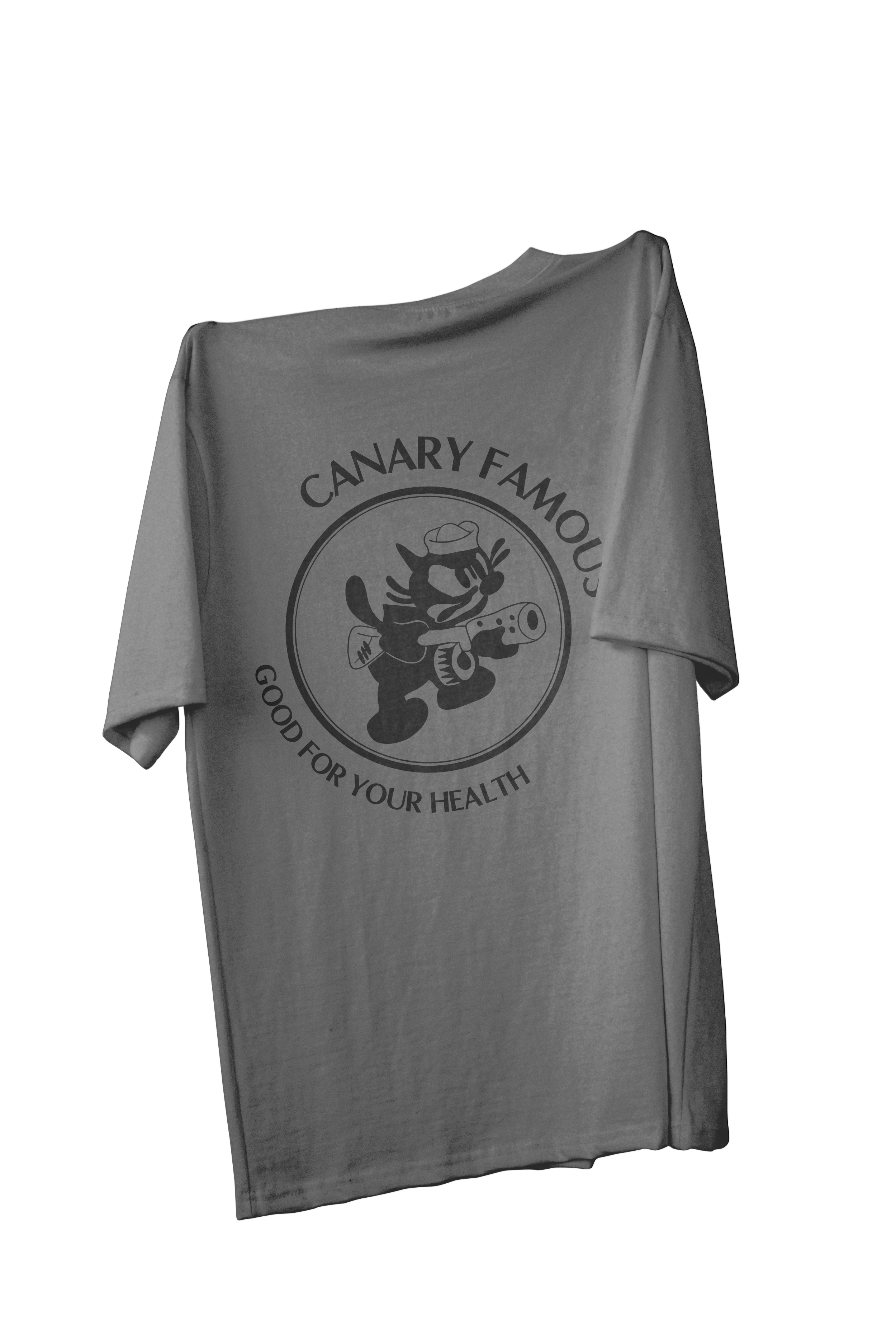 Gray t-shirt with 'Canary Famous' graphic on a white background